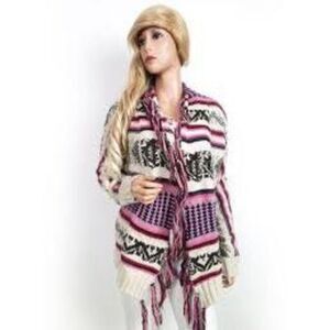 American Eagle Women's M Open Front Fringe Cardigan Sweater Southwestern Boho